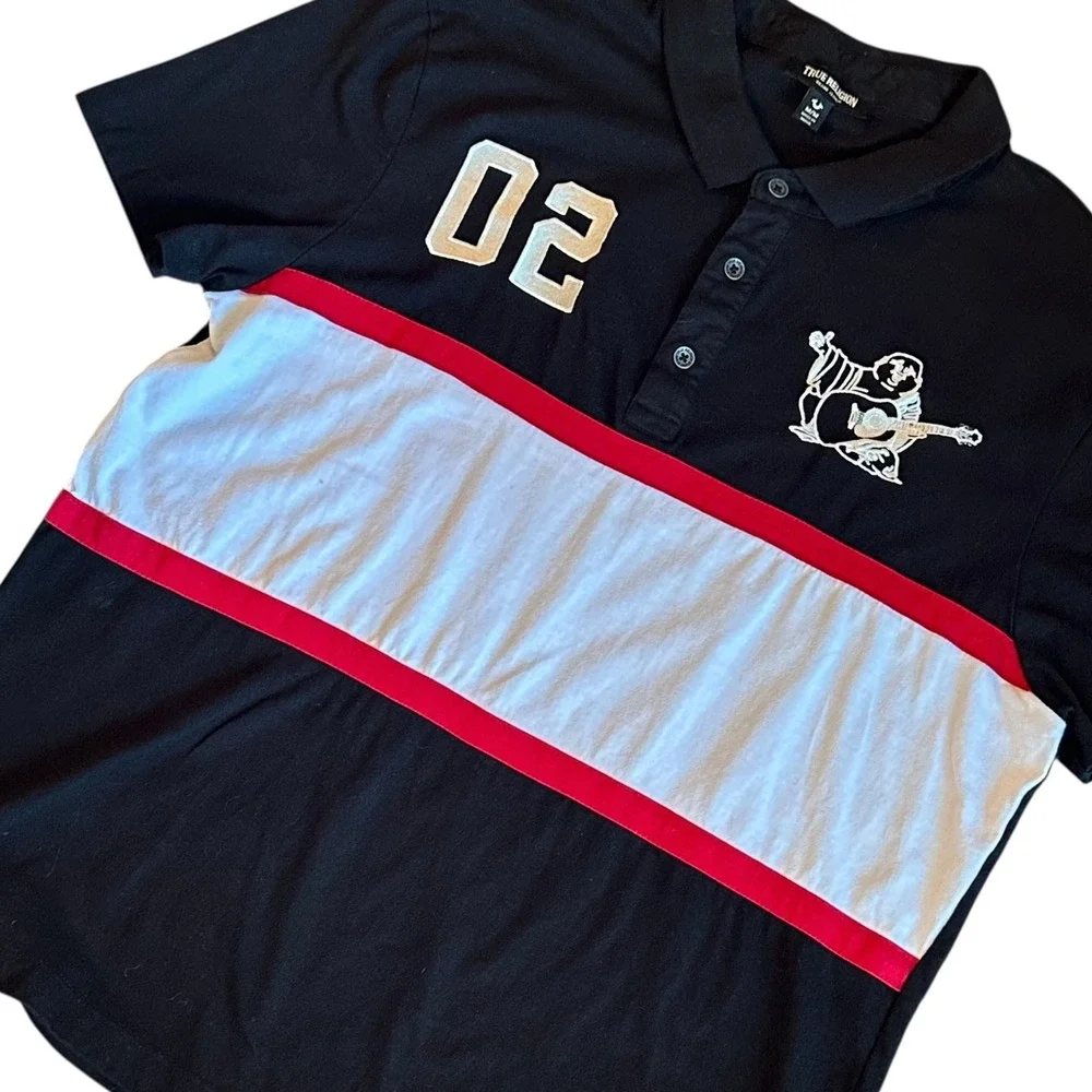 True Religion Relaxed Panelled Polo Shirt Black Number 02 Embroidered Logo‎ M